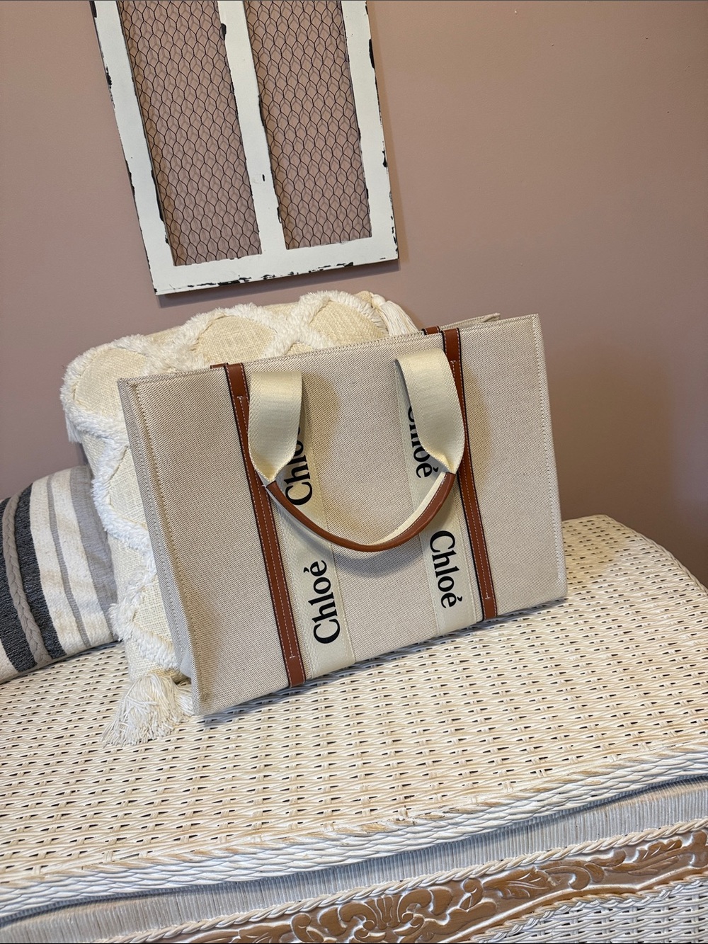 Beige Canvas Woody Tote Bag with Brown Trim